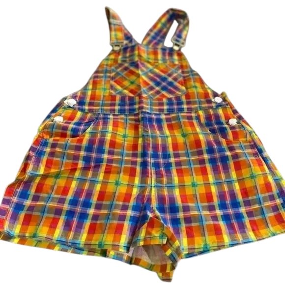We Wore What Women's XL  Rainbow Overalls Short Romper Colorful Plaid Bold New - Picture 5 of 10